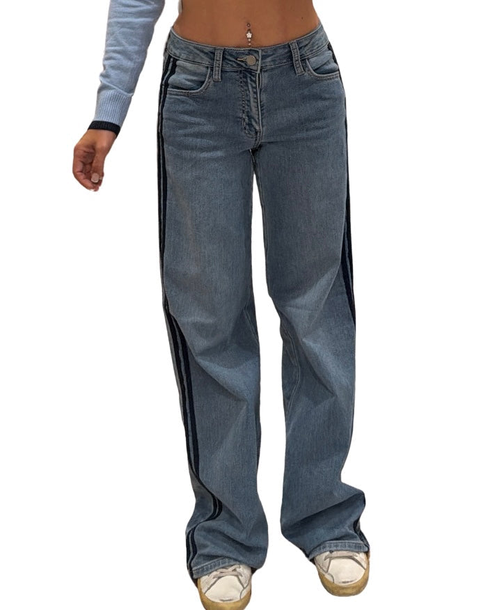 Haylee wide-leg denim with black side stripe detail, low-rise fit