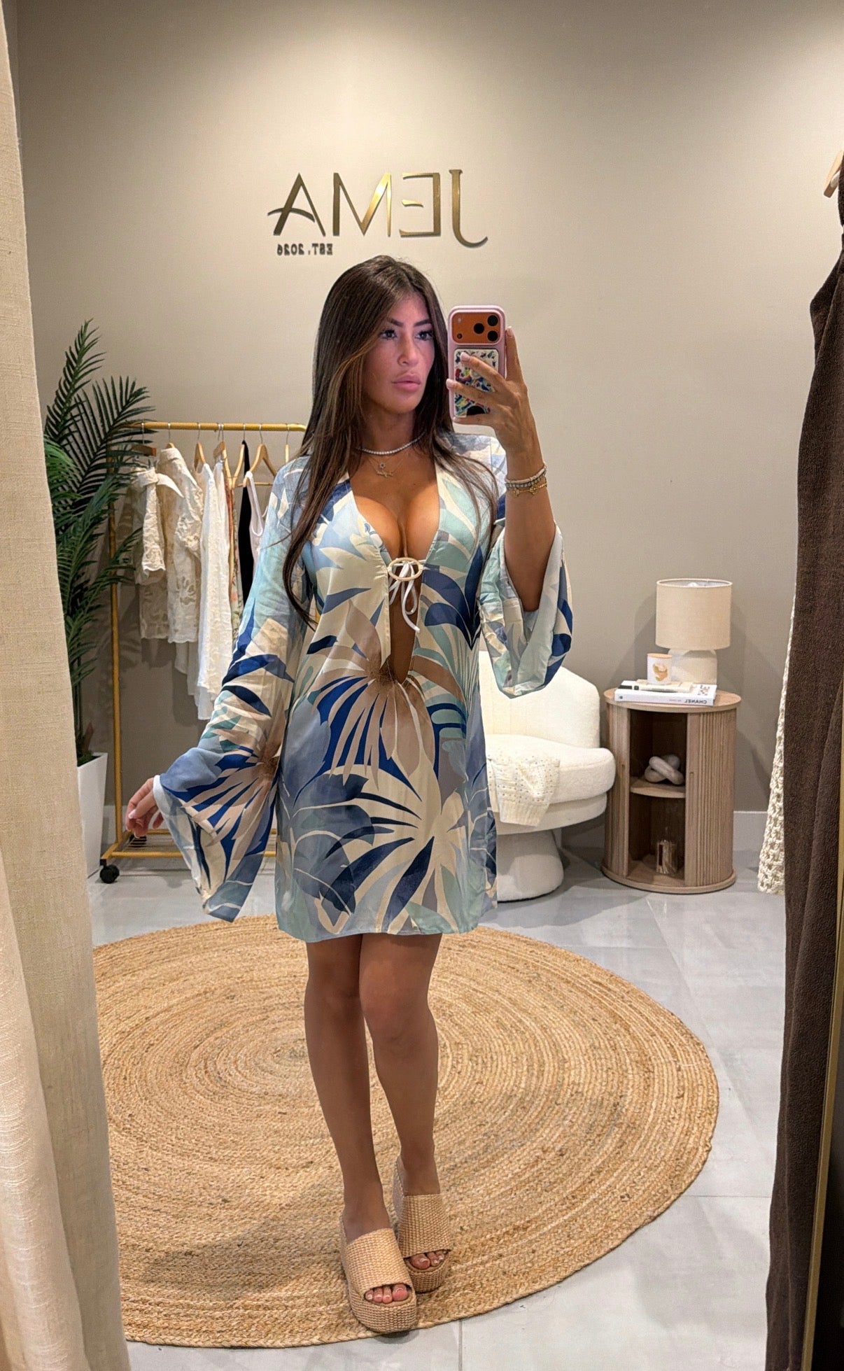 Sadie Swim Cover Up - Blue Tropical Print - mirror selfie