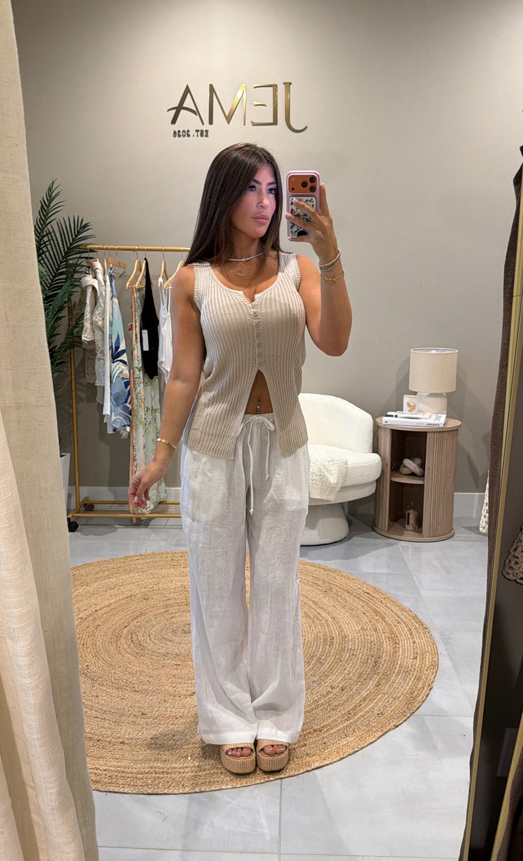 Linen Drawstring Pants - White - mirror selfie in boutique