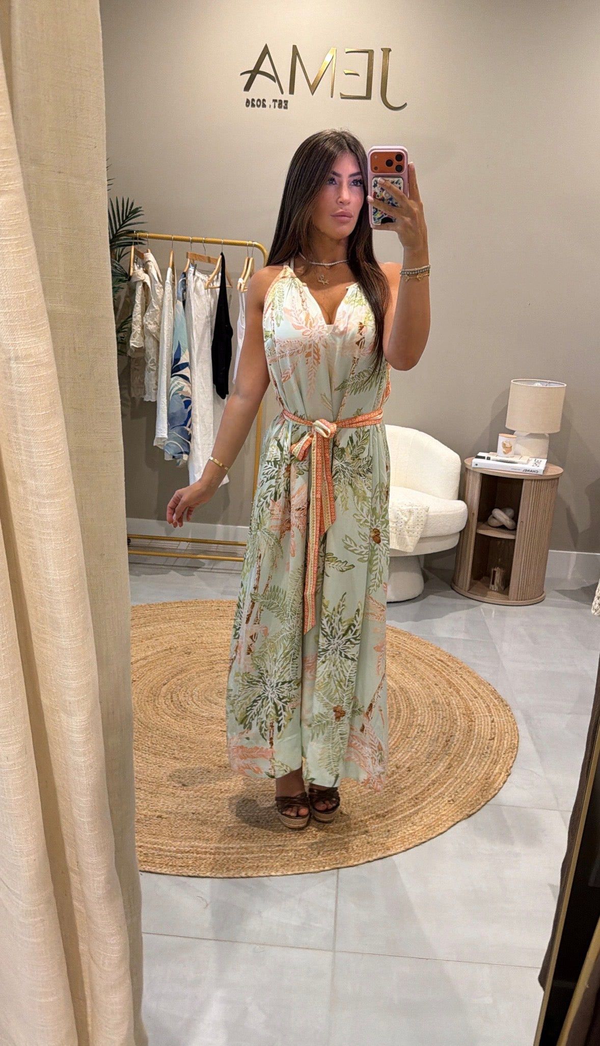 Palm Breeze Dress - Sage Green Tropical Print - mirror selfie in boutique