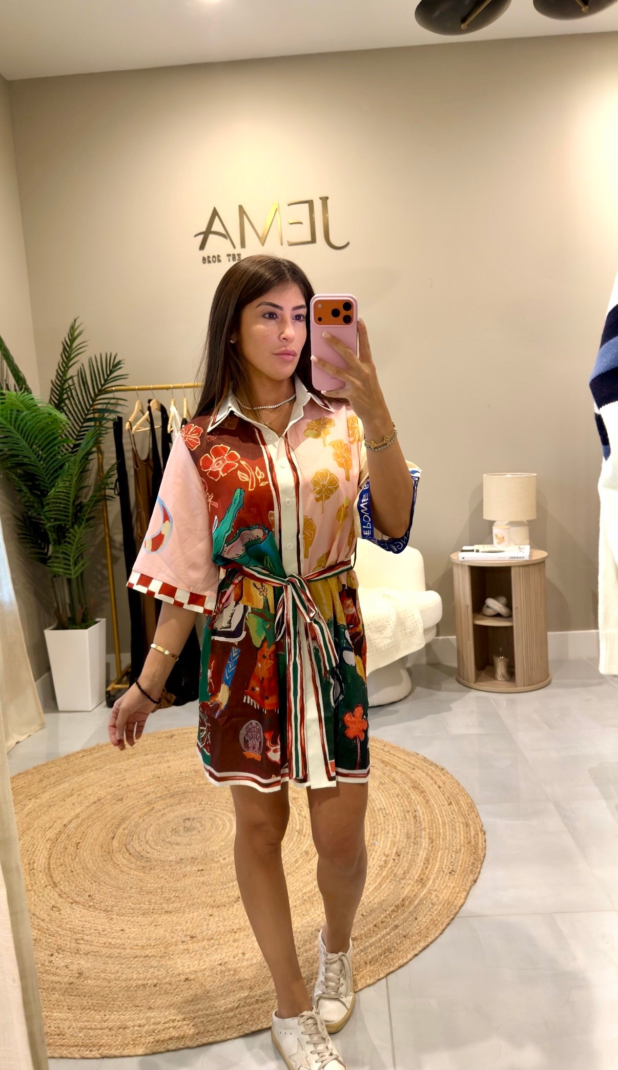 Sanibel Dress - mixed print belted shirt dress, mirror selfie