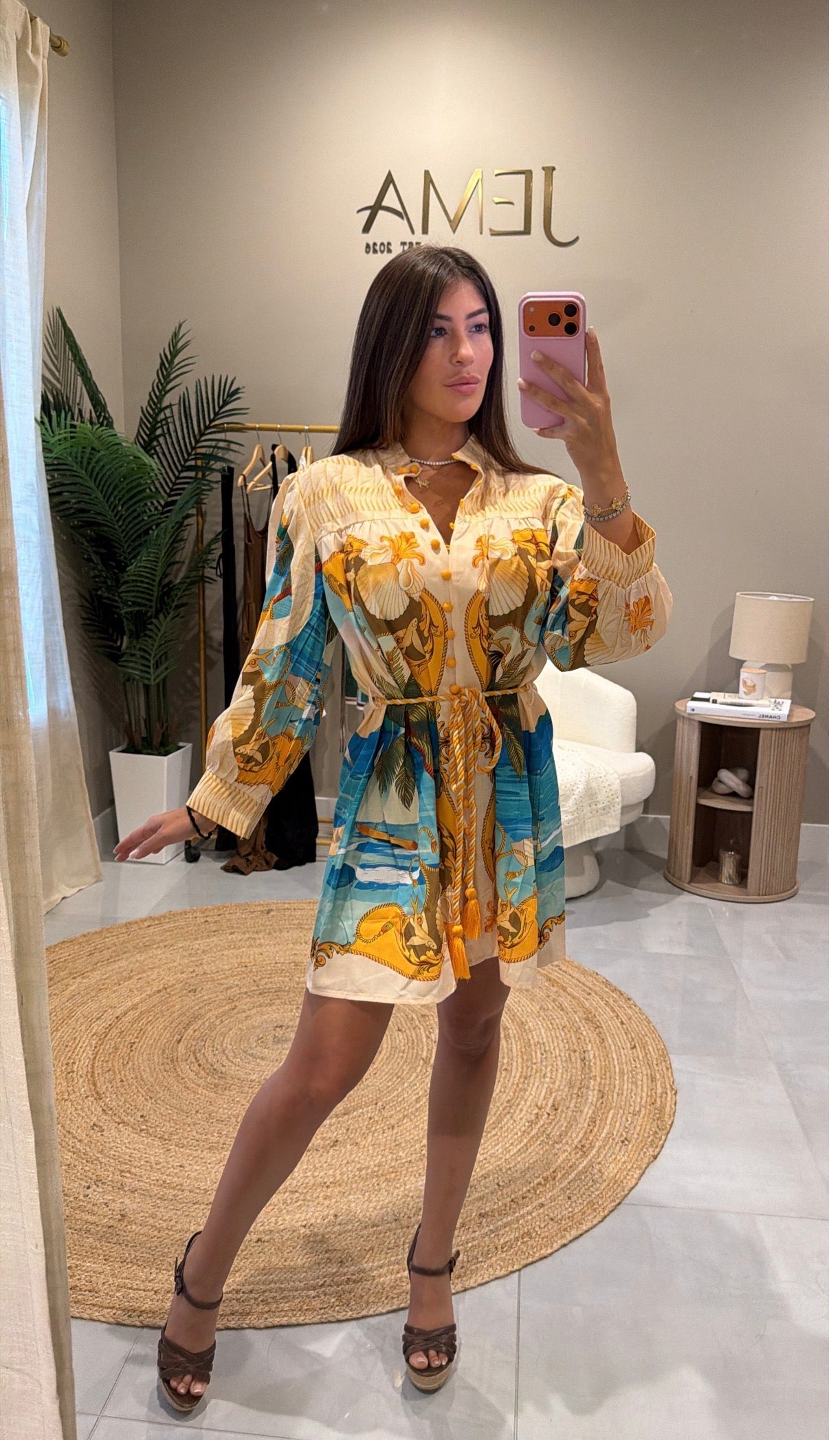 Athena Dress - scenic print mini shirt dress with tassel belt, mirror selfie