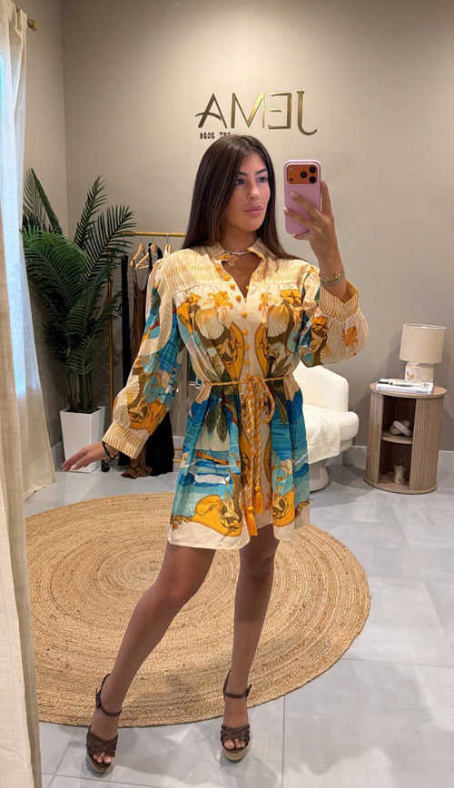 Athena Dress - scenic print mini shirt dress with tassel belt, mirror selfie