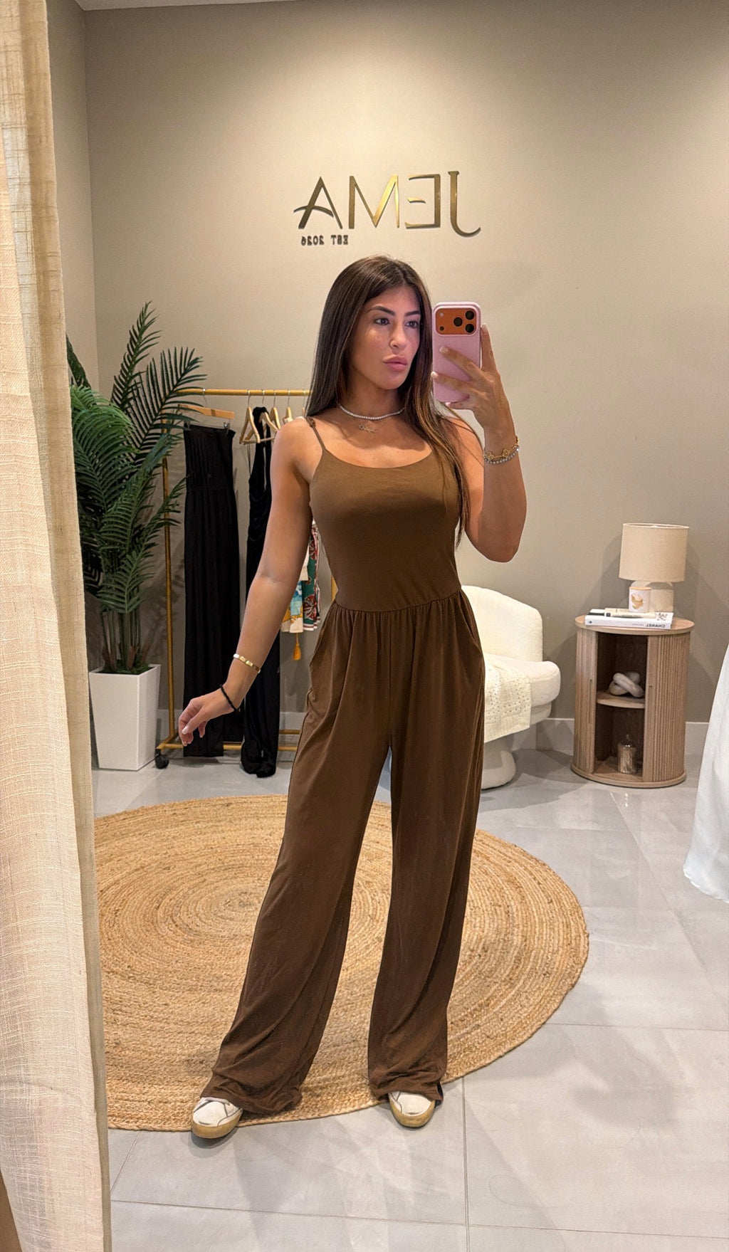 Amber Jumpsuit - chocolate brown wide-leg jumpsuit with adjustable straps, mirror selfie