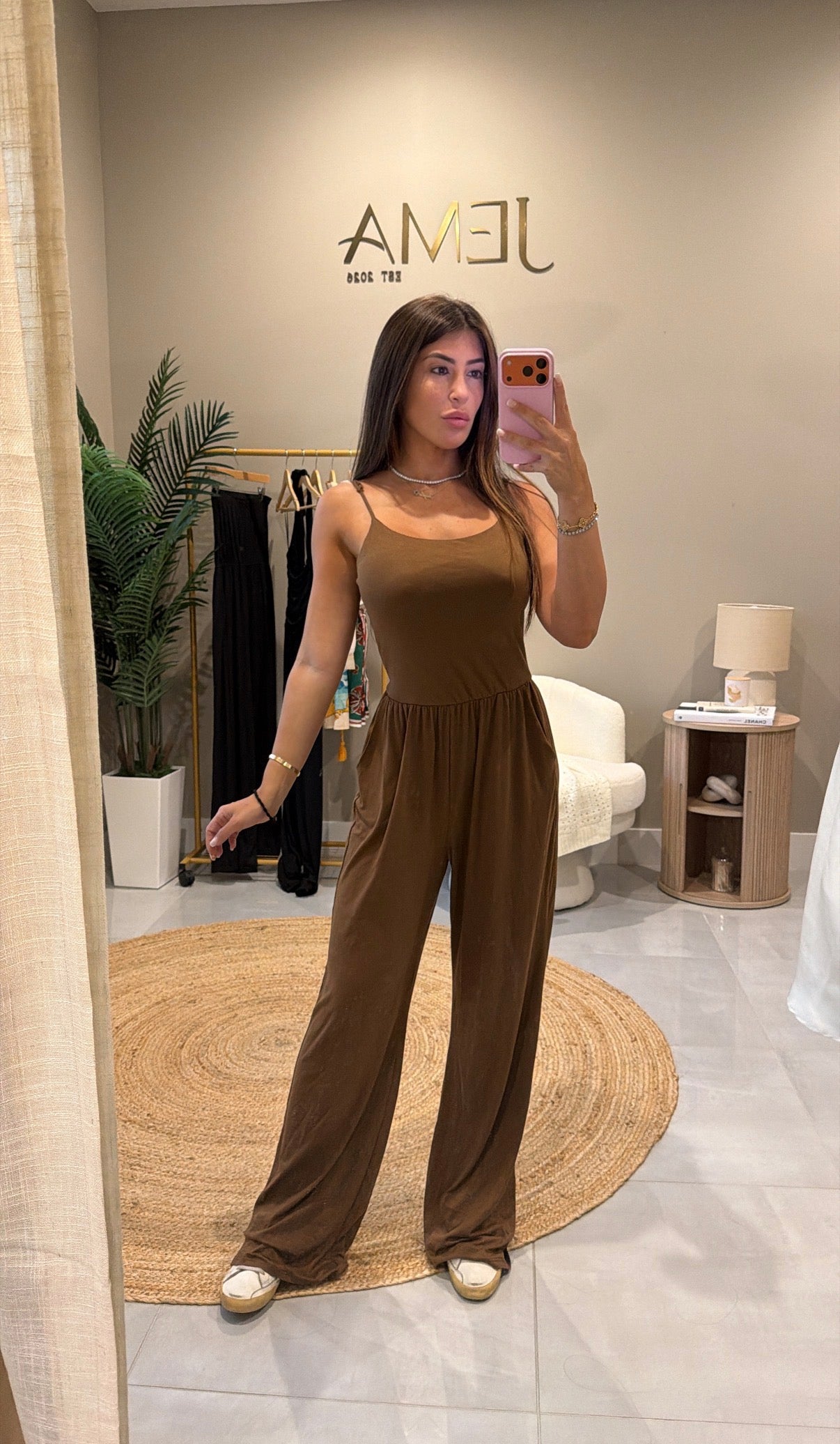 Amber Jumpsuit - chocolate brown wide-leg jumpsuit with adjustable straps, mirror selfie