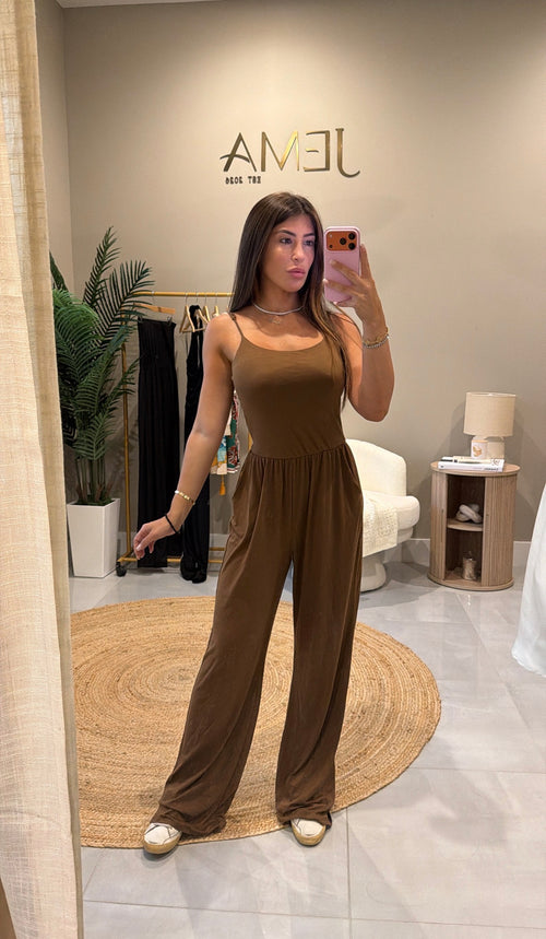 Amber Jumpsuit - chocolate brown wide-leg jumpsuit with adjustable straps, mirror selfie