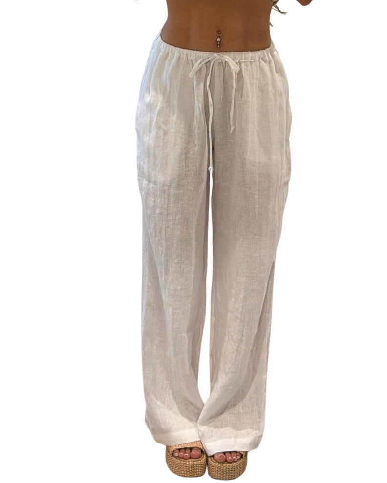 Linen Drawstring Pants - White - full look on white background
