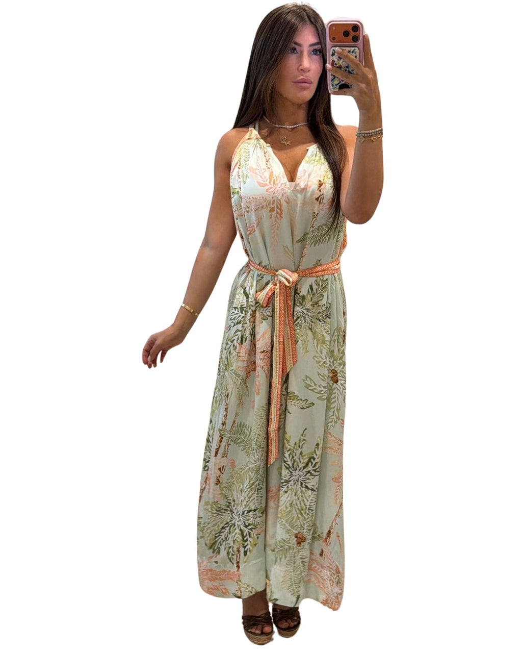 Palm Breeze Dress - Sage Green Tropical Print - full look on white background