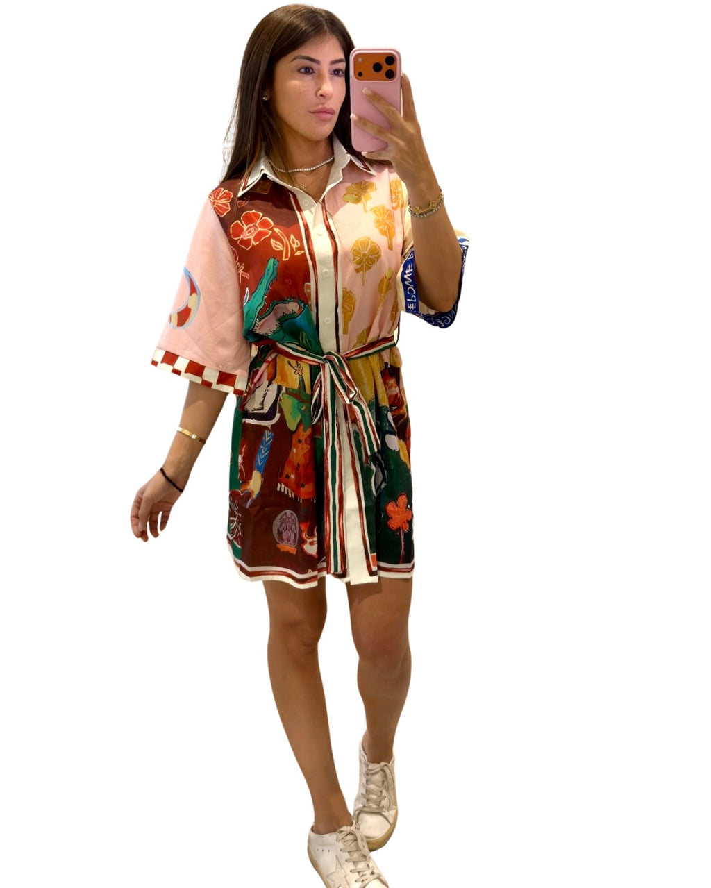 Sanibel Dress - mixed print belted shirt dress, front view