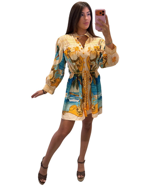 Athena Dress - scenic print mini shirt dress with tassel belt, front view