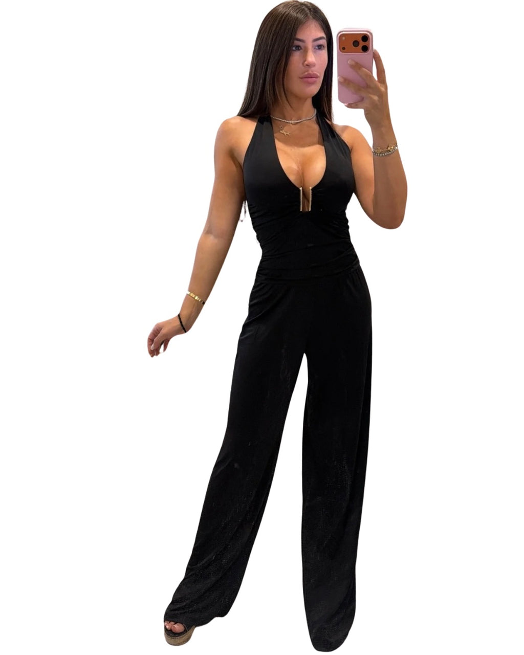 Cameron Jumpsuit - black halter wide-leg jumpsuit with gold hardware, front view