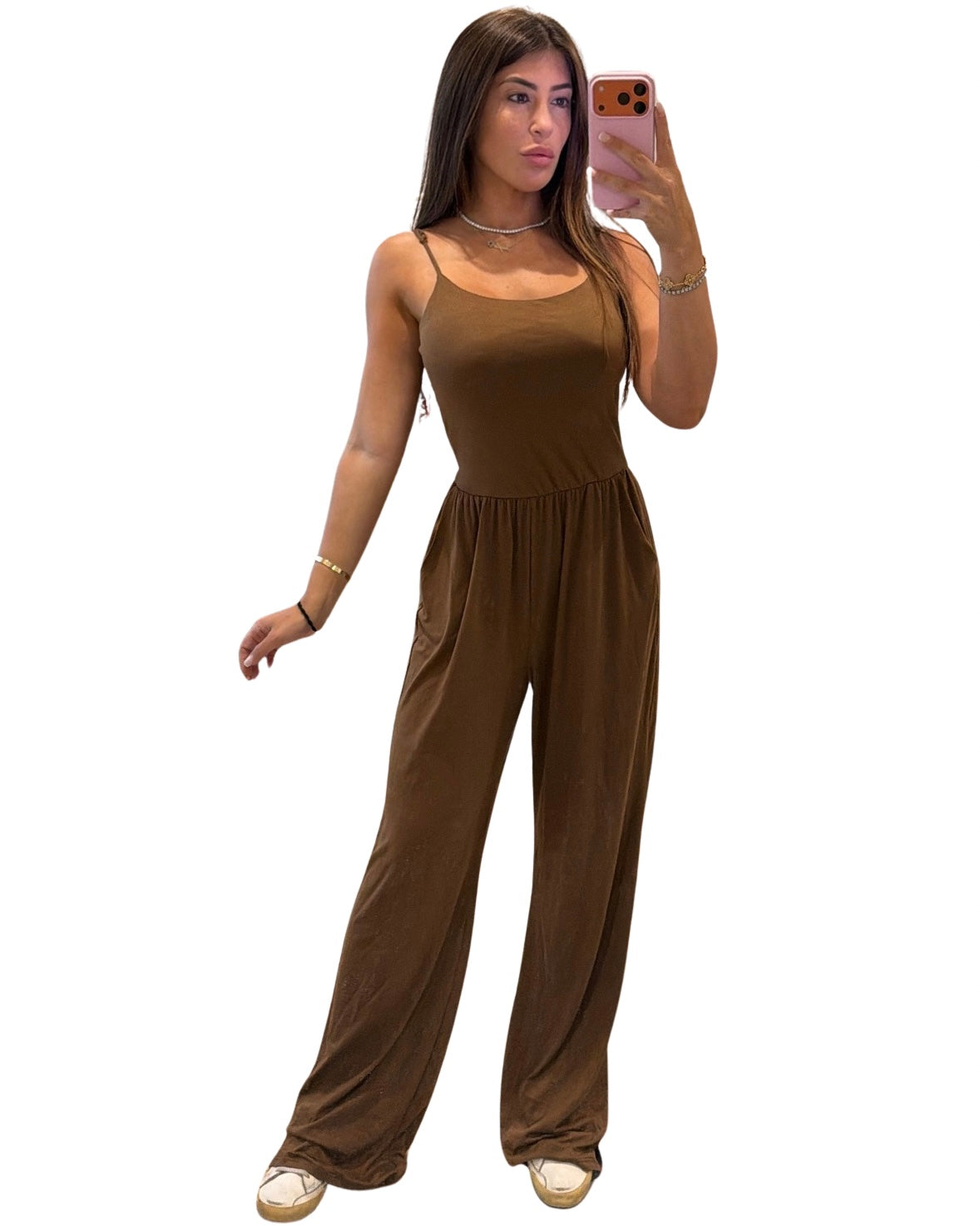 Amber Jumpsuit - chocolate brown wide-leg jumpsuit with adjustable straps, front view