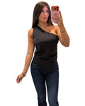 Maddie Top - one shoulder satin top in black, front view on white background